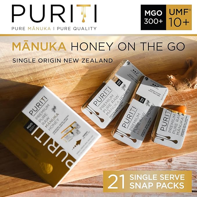 PURITI Genuine Raw Manuka Honey Snaps On The Go - UMF 10+ (MGO300+) 21 x 0.18oz Individual Snap Packets, Single Serve Honey Sticks for Tea, Travel & Snacks, Certified, Made in New Zealand