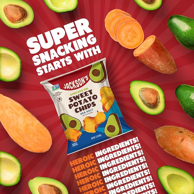 Jackson???Sweet Potato Kettle Chips Avocado Oil Variety Pack made with Premium Oils (1.5 oz, Pack of 18) Sea Salt, Ranch, and BBQ Flavors - Allergen-friendly, Gluten Free, Vegan
