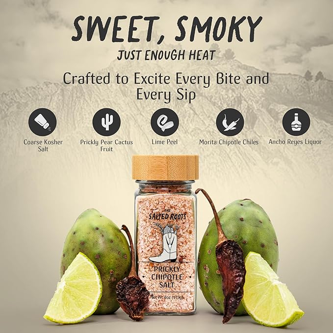 The Salted Roots - Prickly Chipotle Salt - Smoky & Fruity Seasoning - Infused with Prickly Pear, Chipotle Chiles & Lime - Perfect for Fajitas, Grilled Veggies & Cocktails - 4oz