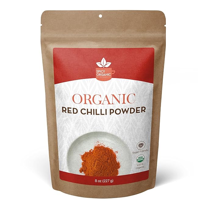 SPICY ORGANIC Red Chili Powder - USDA Certified Organic, Non-GMO - Perfect for adding a smoky, spicy flavor to soups, stews, chili, and more. No Added Preservatives and Color - 45 Servings Per Container, 8Oz (227 grams)
