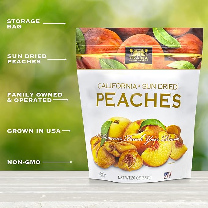 Traina Home Grown California Sun Dried Peaches - Healthy & Non-GMO, Natural Sweet Flavor Fruit No Sugar Added, Perfect Snack In Resealable Pouch (20 Oz)