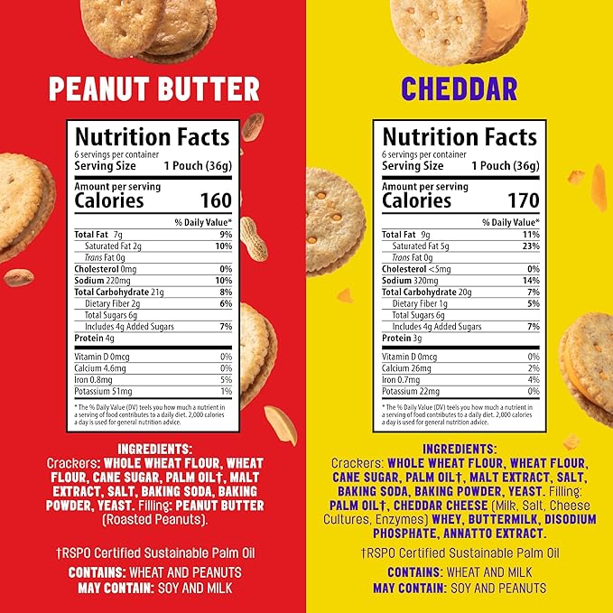 Mavericks Sandwich Crackers Variety Pack - Peanut Butter & Cheddar Snack Crackers, Whole Grain - 2 Boxes (6 Snack Packs of Each)