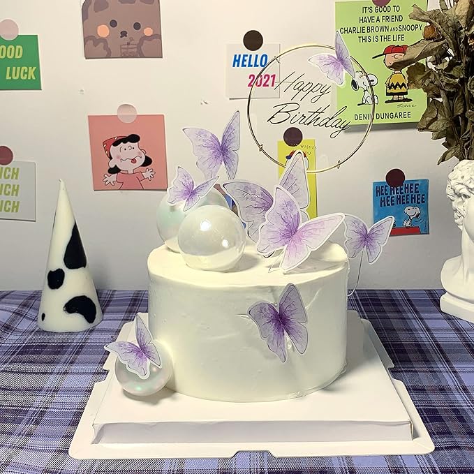11-Piece Purple Butterfly Cake Toppers Set: Happy Birthday Metal Gold Cake Topper & Decorations