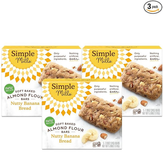 Simple Mills Almond Flour Snack Bars, Nutty Banana Bread - Gluten Free, Made with Organic Coconut Oil, Breakfast Bars, Healthy Snacks, Paleo Friendly, 6 Ounce (Pack of 3)