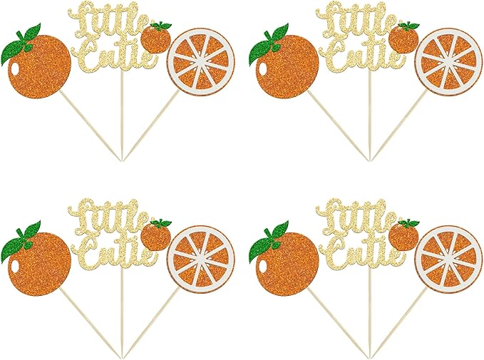 24Pcs Little Cutie Cupcake Toppers Glitter Orange Cupcake Picks Citrus Theme Baby Shower Decorations for Cutie Kids Birthday Party Tangerine Theme Baby Shower Fruit Party Supplies