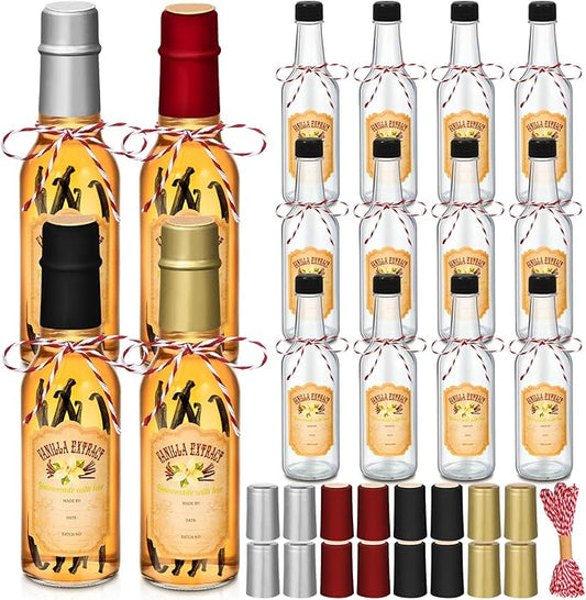 Tioncy 16 Pcs Vanilla Extract Bottles for Homemade Vanilla Jar Glass Bottle with Cap, Shrink Band, Sticker Syrup Gift Food Storage Canister for Bean Sauce Spice(Multicolour,5 oz)