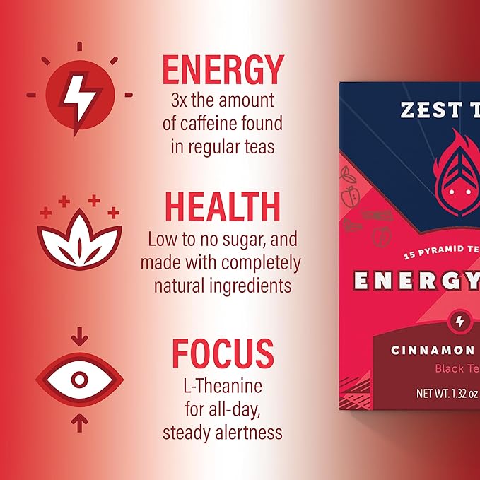 Zest Tea Premium Energy Hot Tea, High Caffeine Blend Natural & Healthy Traditional Coffee Substitute, Perfect for Keto, 150 mg Caffeine per Serving, Apple Cinnamon Black Tea, Box of 15 Sachet Bags