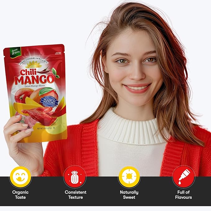Dried Mango Slices - Delicious Texture Soft & Juicy Low Sugar Added Dried Mango - Naturally Ripened Mangos Dried Fruits - Gluten Free Dry Mangoes Natural Source of Vitamin C, Fiber, (8 oz chili)