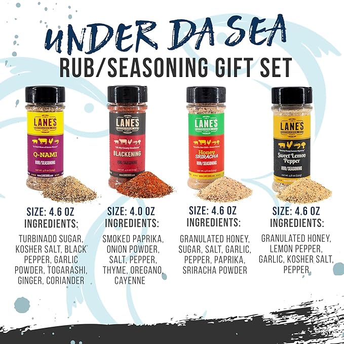 Lane's Under Da Sea Gift Set, All-Natural 4 Rubs Gift Set of Blackened Seasoning, Honey Sriracha Seasoning, Sweet Heat Rub, & Q-Nami Japanese Spices