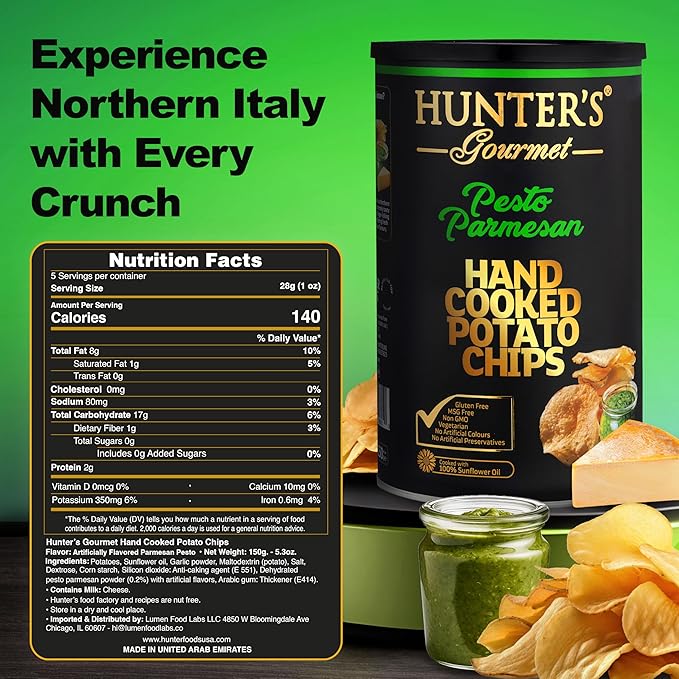 Hunter's Gourmet Hand-Cooked Chips | Made in a Nut-Free Facility | Premium Gourmet Snack | Travel Friendly | No Artificial Colors | Non-GMO | Pesto Parmesan Flavor | Vegetarian | Pack of 4 | 150g