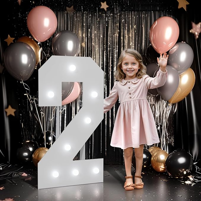 imprsv Marquee Numbers Large 2nd-Birthday Decorations: 3ft Light up Number Balloon for Party Big 2 Year Old Girl Boy Second Birthday Decoration Anniversary Foam Board Wall Number 2