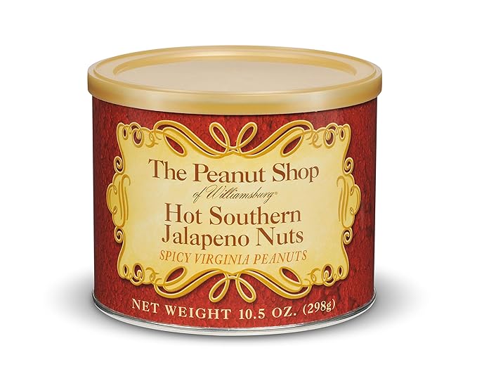 The Peanut Shop of Williamsburg Spicy Williamsburg Peanuts with Jalapeno, Onion, Garlic, Hot Nuts, Hand Cooked Virginia Peanuts, Gluten Free, Kosher - 10.5 Oz Tin