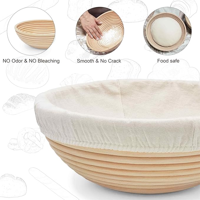 Banneton Bread Proofing Basket set of 2, 9 Inch Round Sourdough Proofing Baskets with Liner,Dough Proofing Bowls,Made of Natural rattan,for Sourdough Bread Baking Supplies