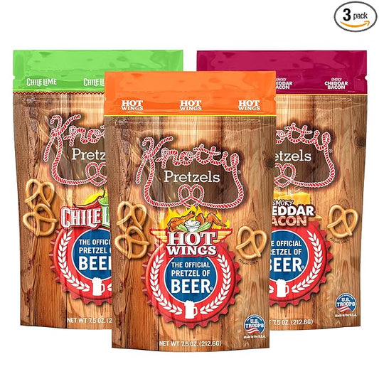 Knotty Pretzels ???쏷he Official Pretzel of Beer??7.5 Ounce Pretzel in Resealable Snacks Bags, Flavored Pretzels, Hot Wings, Smokey Cheddar Bacon, Chile Lime - Bold Variety (3 Pack)