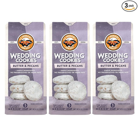 Mexican Wedding Cookies, 6 Ounce (Pack of 3), Buttery Cookies with Pecans and Dusted with Powdered Sugar by La Monarca Bakery