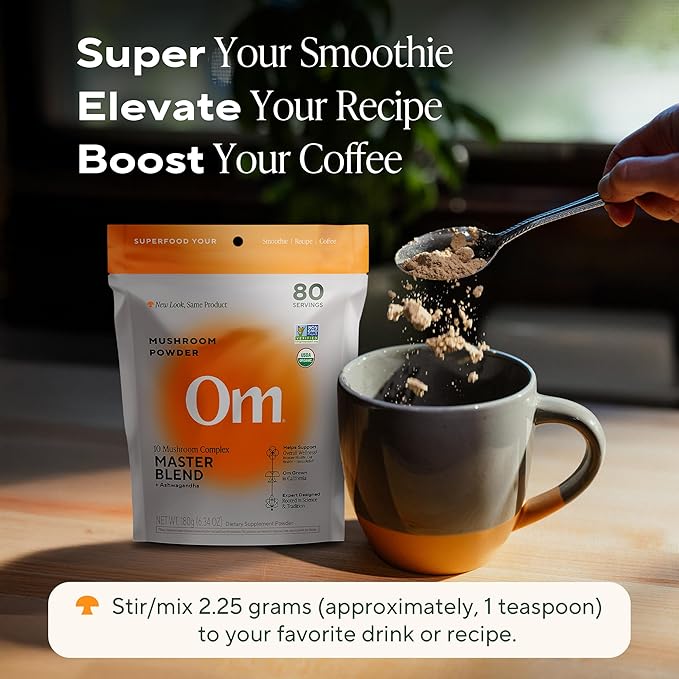 Om Master Blend Mushroom Powder ??Organic Mushroom Supplement with 10 Mushrooms and Ashwagandha - Support Immunity, Gut Health & Stress Relief, 6.34 oz (80 Servings)