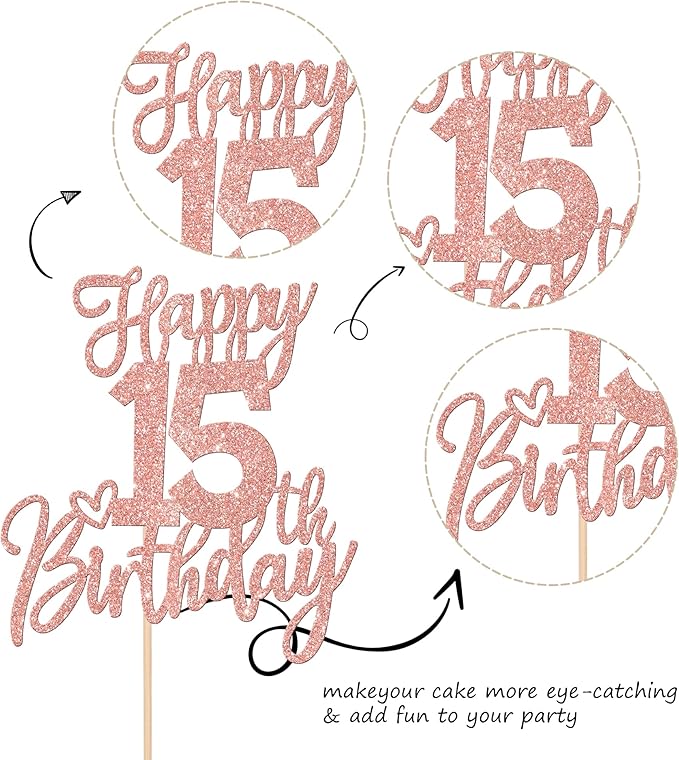 1 PCS Happy 15th Birthday Cake Topper Glitter Cheers to 15 Years Birthday Cake Pick Sweet 15 Fabulous Cake Decorations for Happy 15th Birthday Anniversary Theme Party Supplies Rose Gold