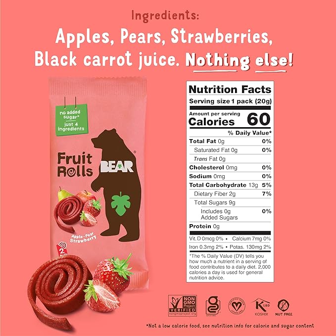 BEAR Real Fruit Snack Rolls - Gluten Free, Vegan, and Non-GMO - Strawberry ??36 Rolls, Healthy School And Lunch Snacks For Kids And Adults, 0.7 Ounce (Pack of 18)