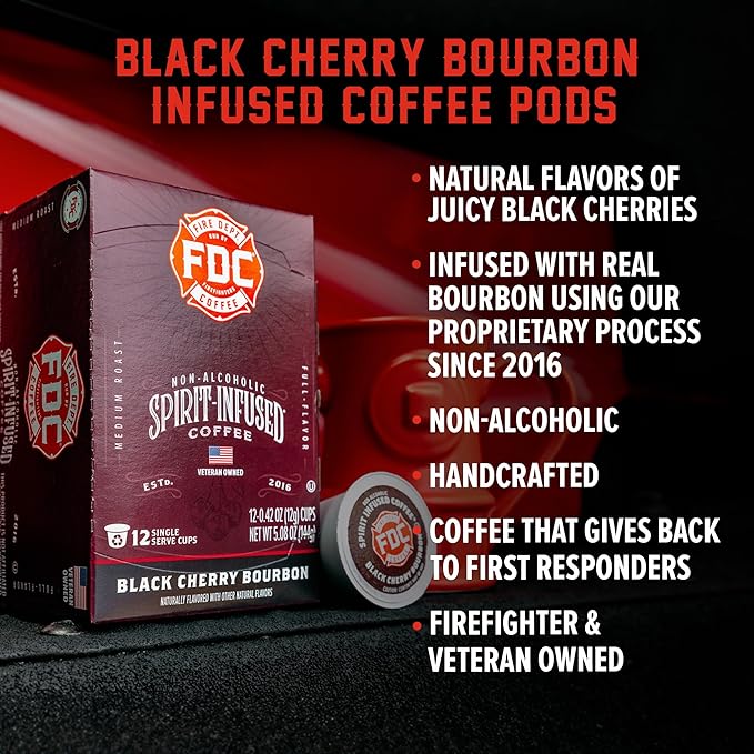 Fire Department Coffee - Black Cherry Bourbon Coffee K Cups - Gives Back to Firefighters - Premium Bourbon Infused Pods - Non-Alcoholic - Roasted in the USA - Veteran Owned - 12 Single Pods