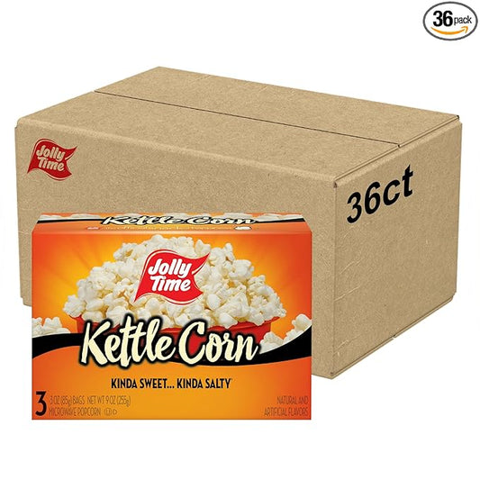 Jolly Time Kettle Corn, Festival Fun Sweet & Salty Glazed Gourmet Microwave Popcorn, 3oz Sharing Bag, 3 Bags Per Carton (3 Ounce (Pack of 36))