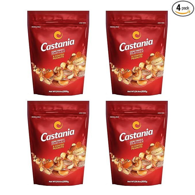 Castania BBQ Lebanese Nuts, Mixed Kernels with Roasted Kri Kri, Almonds, Pistachios, Hazelnuts, Cashews, Peanuts, and Lebanese Peanuts, 10.6oz (Pack of 4)