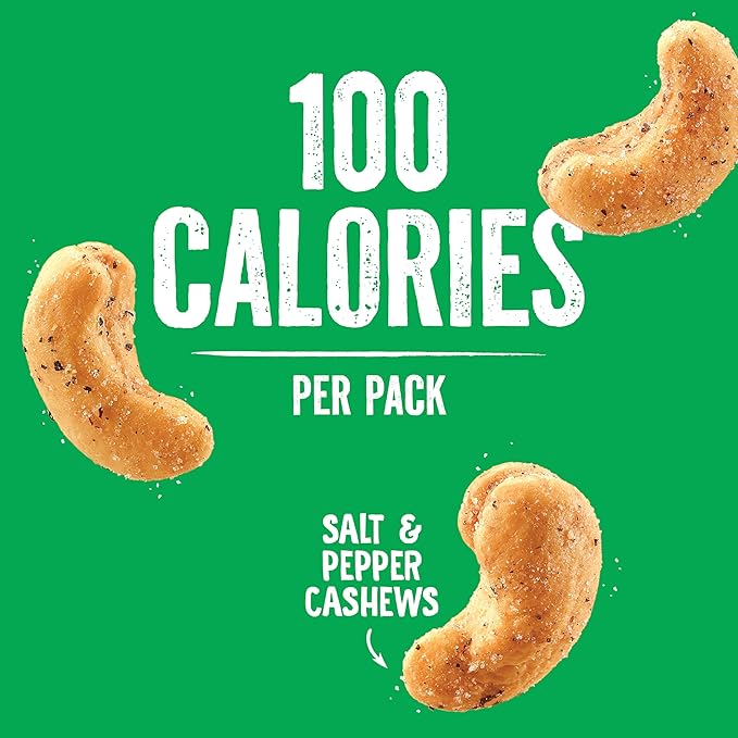 Emerald Nuts Salt and Pepper Seasoned Cashews 7ct (1-Pack), 100-Calorie Individual Packs, Kosher Certified, Non-GMO, Contains No Artificial Preservatives, Flavors or Synthetic Colors