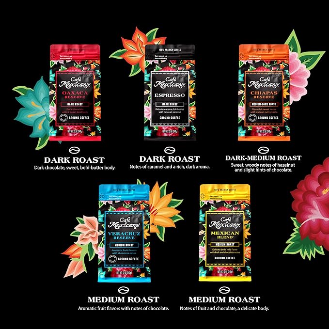 Caf챕 Mexicano - Ground Coffee Variety Pack - Specialty Arabica Coffee Sourced from Mexico - 12 oz. Bags - 5 Pack