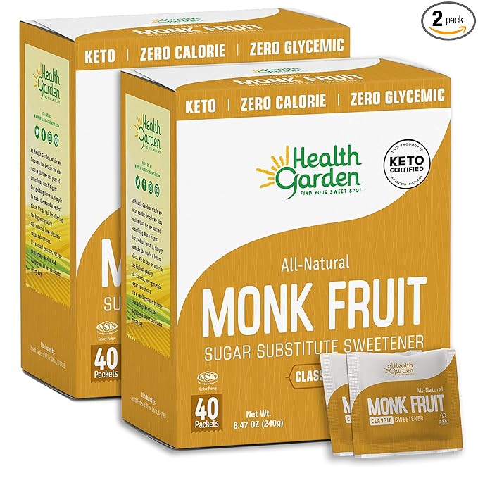 Health Garden Monk Fruit Sweetener, Classic - Non GMO - Gluten Free - Sugar Substitute - Kosher - Keto Friendly 40 Packets (2 pack)