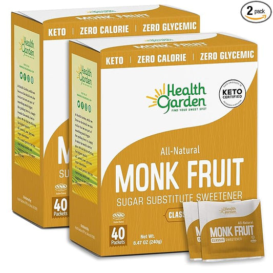 Health Garden Monk Fruit Sweetener, Classic - Non GMO - Gluten Free - Sugar Substitute - Kosher - Keto Friendly 40 Packets (2 pack)