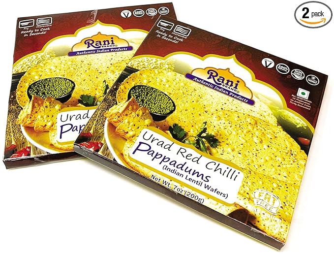 Rani Pappadums (Indian Lentil Wafer Snack) Red Chilli Papad 7oz (200g) Approximately 15pc, 7 inches, Pack of 2 ~ All Natural | Gluten Friendly | NON-GMO | Vegan | Indian Origin