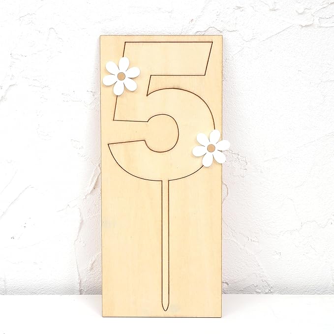 Wooden Daisy Cake Topper For 5th Birthday - Daisy Birthday Party Decor, Retro Groovy Birthday, Boho Birthday, Wooden Cake Decorating Supplies, 5th Anniversary (Daisy 5 Cake Topper)