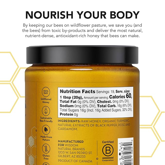 Drizzle Turmeric Gold Raw Honey - All Natural Pure Raw Honey with Organic Turmeric, Unfiltered, Use in Tea, Golden Milk, & Coffee, Sugar Substitute, Certified Kosher - 13.2 oz Jar (375 g)