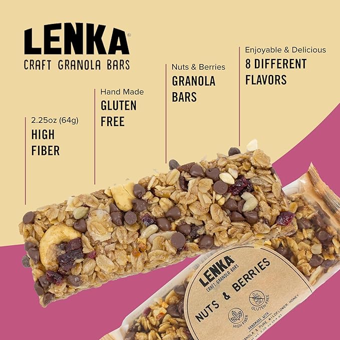 Lenka Bars - Nuts & Berries Snack Bars, Gluten Free, High Fiber, Kosher, Wholesome, No Artificial Flavors, Individually Wrapped - 12 Pack