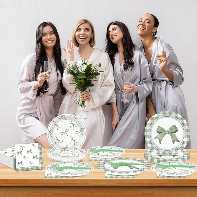 96Pcs Green Plaid Bow Plates and Napkins Coquette Party Decorations Bow Theme Dessert Paper Plates Napkins Forks Birthday Tableware Set for 24 Guests Girls Boys Baby Shower Picnic BBQ Party Suppliess