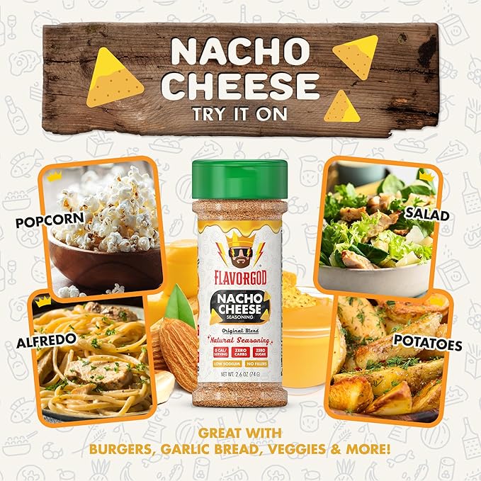 Nacho Cheese Seasoning Mix, 2 Bottles by Flavor God - Premium All Natural & Healthy Spice Blend for Chicken, Nachos, Dips, Chicken Nuggets, Salad, Eggs, Ravioli, Pizza, Tacos, & Pasta - Kosher, Dairy-Free, Gluten-Free, Keto Friendly