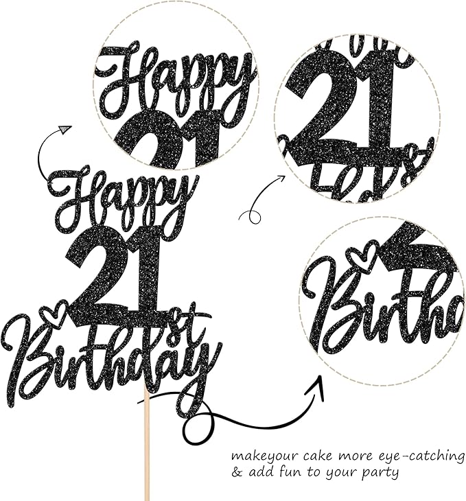 1 PCS Happy 21st Birthday Cake Topper Glitter Cheers to 21 Years Birthday Cake Pick Twenty One 21 Fabulous Cake Decoration for Happy 21st Birthday Anniversary Party Decorations Supplies Black