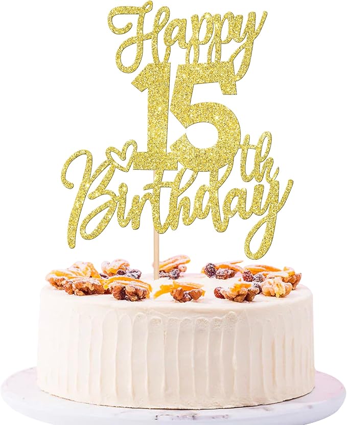 1 PCS Happy 15th Birthday Cake Topper Glitter Cheers to 15 Years Birthday Cake Pick Sweet 15 Fabulous Cake Decoration for Happy 15th Birthday Anniversary Theme Party Decorations Supplies Gold