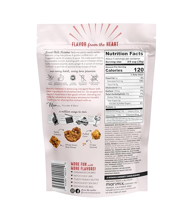 Marimix Snack Mix | Sweet Chili Sesame 3 Pack | Crunch Baked Sweet & Salty Savory Plant Based Naturally Gluten Free Whole Grain Fiber Charcuterie Pretzel Trail Party Mix | No Artificial Ingredients
