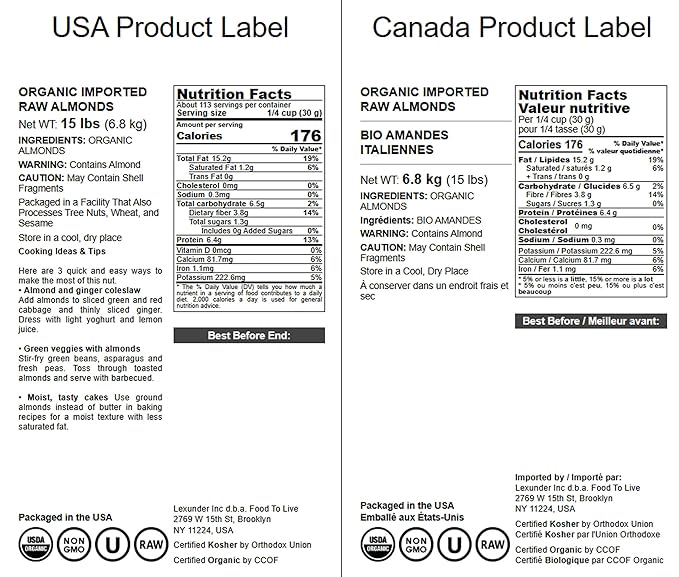 Food to Live Organic Imported Raw Almonds, 15 Pounds - Non-GMO, Whole, Raw, No Shell, Unsalted, Vegan, Kosher, Bulk.