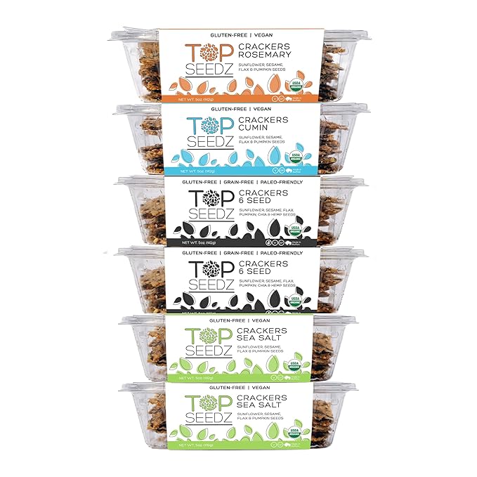 Top Seedz Certified Organic Gluten Free Savory Sensation Seed Crackers | 6-Pack | 5 Ounces | Healthy Vegan Crackers with Plant Based Protein | Made of Sunflower, Flax, Sesame and Pumpkin Seed