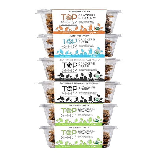 Top Seedz Certified Organic Gluten Free Savory Sensation Seed Crackers | 6-Pack | 5 Ounces | Healthy Vegan Crackers with Plant Based Protein | Made of Sunflower, Flax, Sesame and Pumpkin Seed