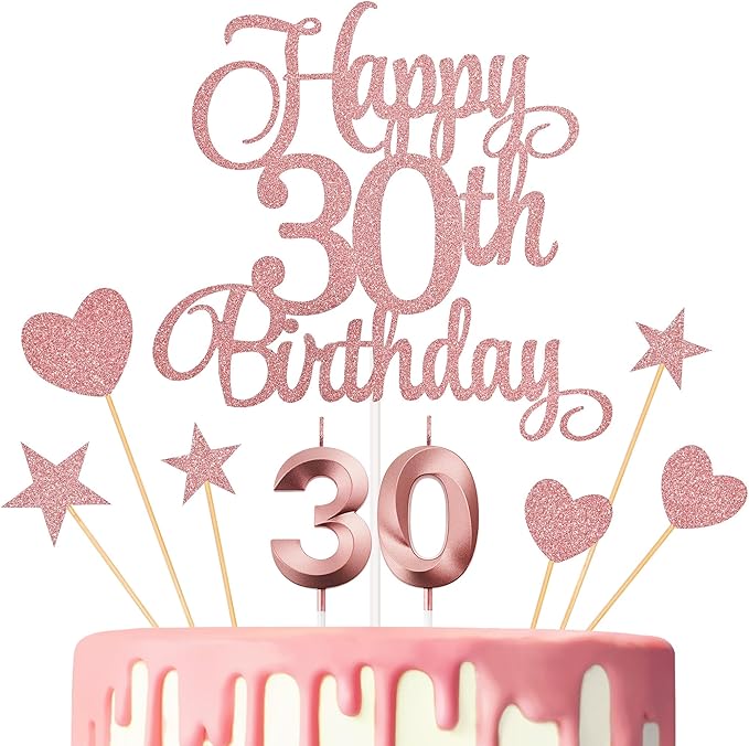 30th Birthday Cake Toppers, 30th Birthday Candles Numeral Candles and Glitter Cake Decorations Toppers Set for Party Supplies (Rose Gold)