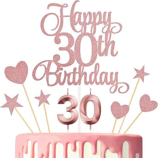 30th Birthday Cake Toppers, 30th Birthday Candles Numeral Candles and Glitter Cake Decorations Toppers Set for Party Supplies (Rose Gold)