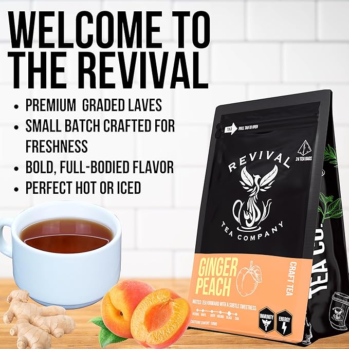 Revival Tea Company Ginger Peach Tea - Black Tea Blend with Ginger Spice and Peach Pieces - 24 Tea Bags