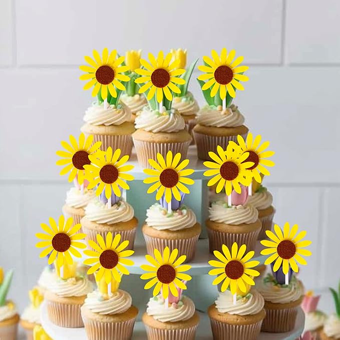 30 Pack Sunflower Cupcake Toppers Glitter Baby Shower Sunflower Cupcake Picks for Gender Reveal Theme Baby Shower 1st Birthday Party Cake Decorations Supplies Yellow