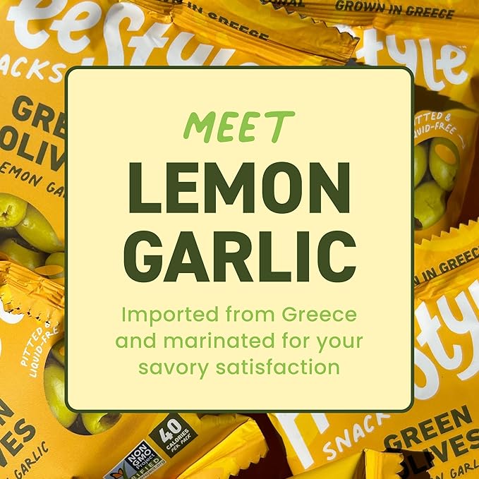Freestyle Snacks Olive Snack Packs - Single Serve - Fresh Pitted Green Olives, Jumbo-Sized, Grown in Greece, All Natural, Non-GMO, Paleo, Sugar-Free, Keto, Salty Snack - Lemon Garlic, 1.1oz (6 Pack)