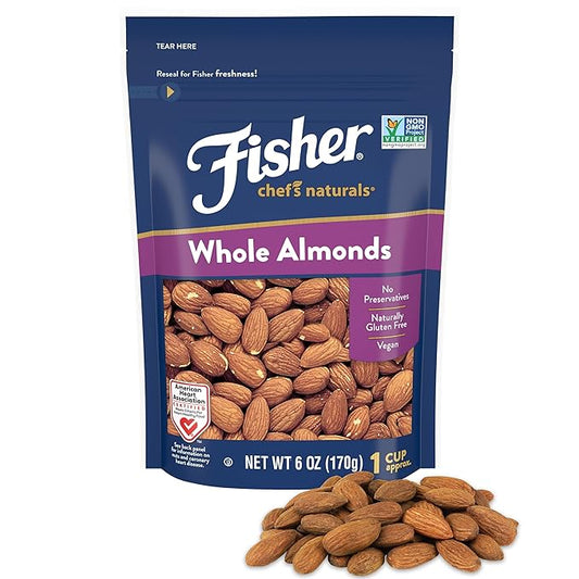Fisher Chef’s Naturals Whole Almonds, 6 oz Resealable Bag, Unsalted Raw Nuts for Baking & Cooking, Healthy Snacks for Adults, Vegan Protein, Keto Snack, Gluten Free