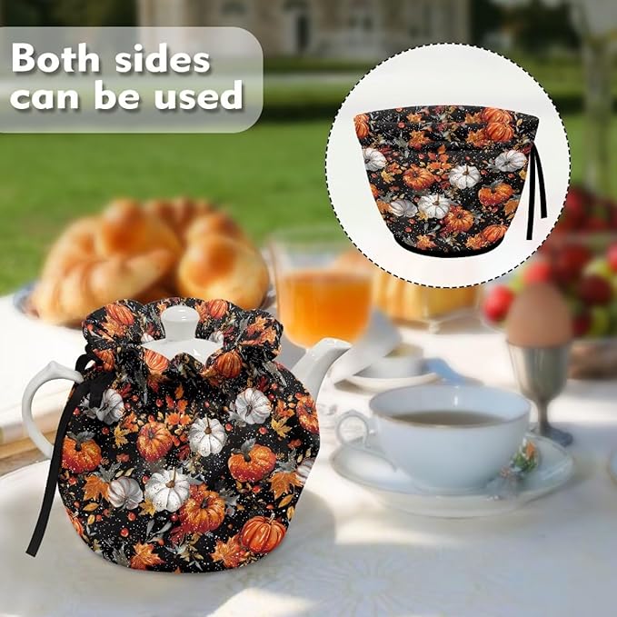 Pumpkin Maple Tea Cozy for Teapot Insulated Soft Tea Kettle Cover for Halloween Day Resuable Tea Pot Cozy for Keeping Warm Kettle Kitchen Dust Cover for All Saints' Eve