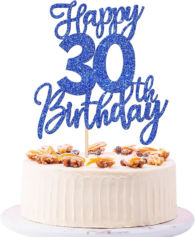 1 PCS Happy 30th Birthday Cake Topper Glitter Cheers to 30 Years Birthday Cake Pick Thirty Hello 30 Fabulous Cake Decoration for Happy 30th Birthday Anniversary Party Decorations Supplies Blue