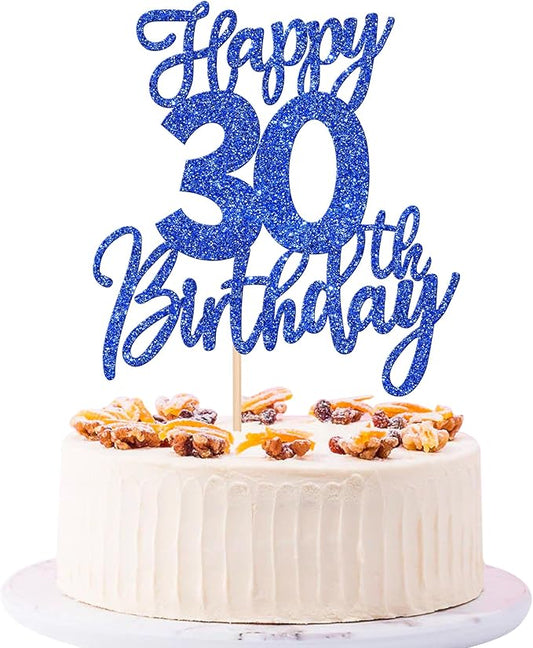1 PCS Happy 30th Birthday Cake Topper Glitter Cheers to 30 Years Birthday Cake Pick Thirty Hello 30 Fabulous Cake Decoration for Happy 30th Birthday Anniversary Party Decorations Supplies Blue